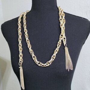 (#397) Paparazzi Long Link Gold Pleated Necklace with Tassels & earrings set